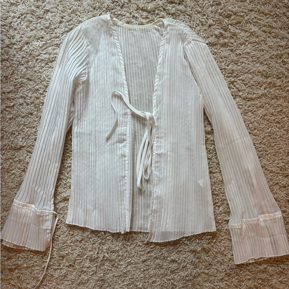 White Pleated Sheer Blouse with Tie Front